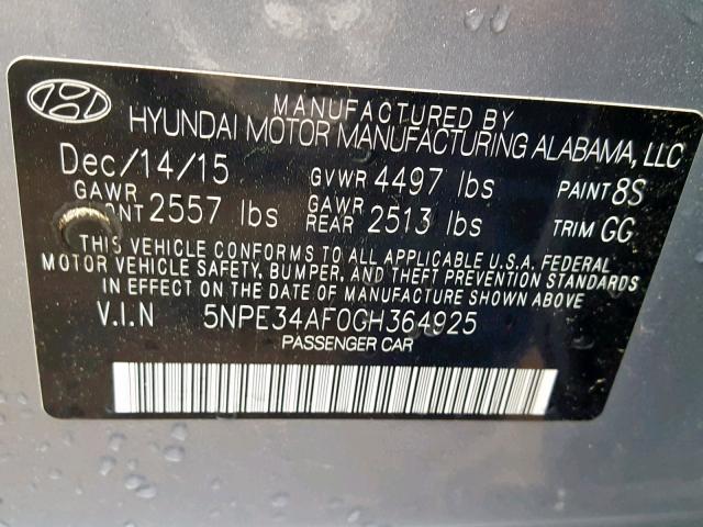 5NPE34AF0GH364925 - 2016 HYUNDAI SONATA SPO SILVER photo 10