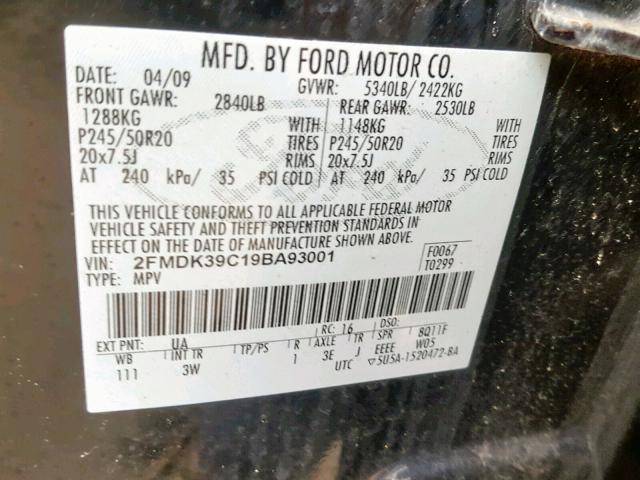 2FMDK39C19BA93001 - 2009 FORD EDGE LIMIT BLACK photo 10