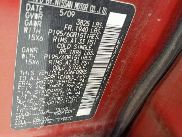 JN8AZ28R39T110811 - 2009 NISSAN CUBE BASE RED photo 10