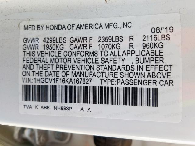 1HGCV1F16KA167627 - 2019 HONDA ACCORD LX  photo 10