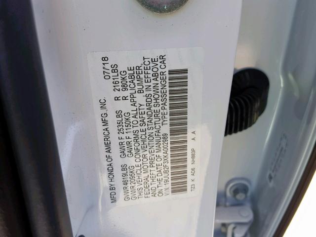 19UUB2F3XKA002989 - 2019 ACURA TLX WHITE photo 10