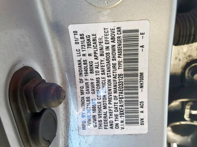 19XFA1F67AE033126 - 2010 HONDA CIVIC LX-S SILVER photo 10