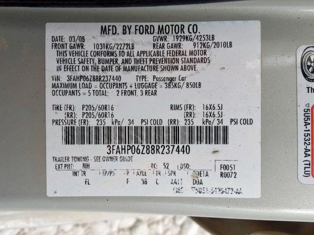 3FAHP06Z88R237440 - 2008 FORD FUSION S GRAY photo 10