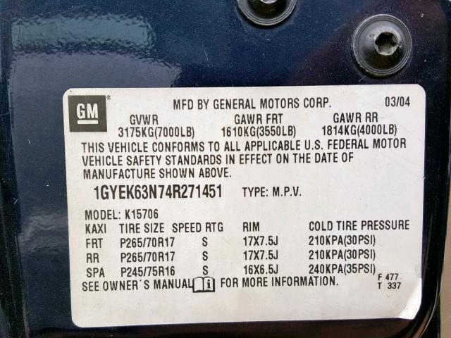 1GYEK63N74R271451 - 2004 CADILLAC ESCALADE L BLUE photo 10