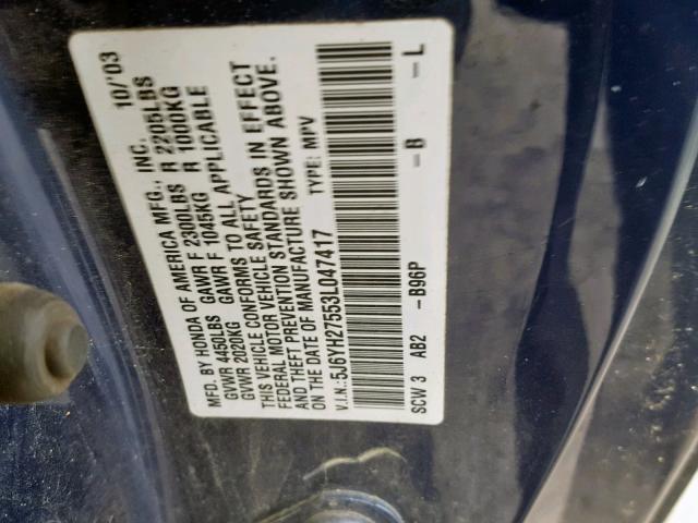 5J6YH27553L047417 - 2003 HONDA ELEMENT EX BLUE photo 10