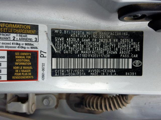 4T1BD1FK0EU117438 - 2014 TOYOTA CAMRY HYBR SILVER photo 10