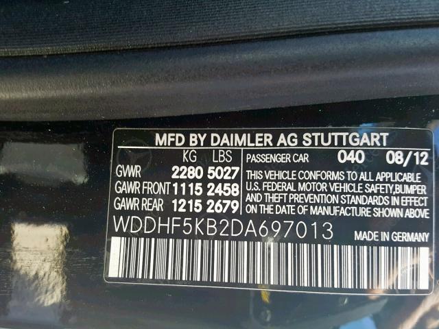 WDDHF5KB2DA697013 - 2013 MERCEDES-BENZ E 350 BLACK photo 10