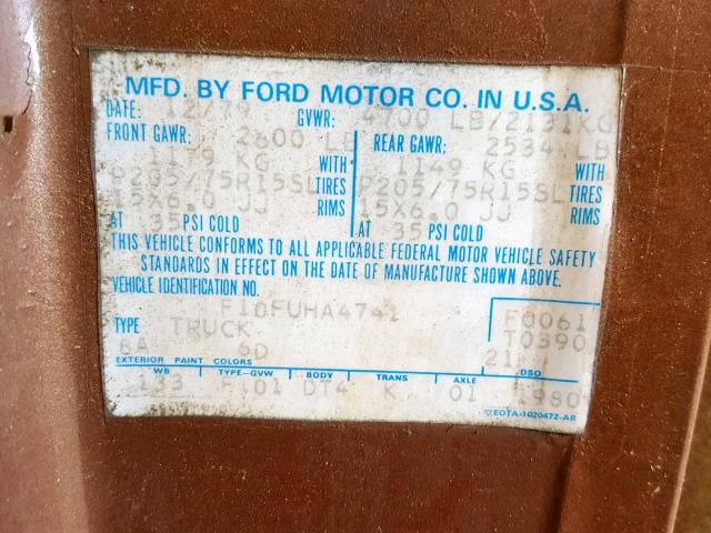 F10FUHA4741 - 1980 FORD F-150 TWO TONE photo 10