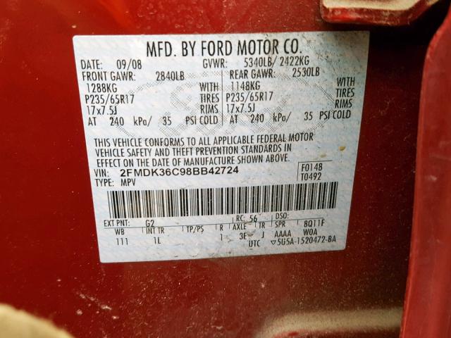 2FMDK36C98BB42724 - 2008 FORD EDGE SE RED photo 10