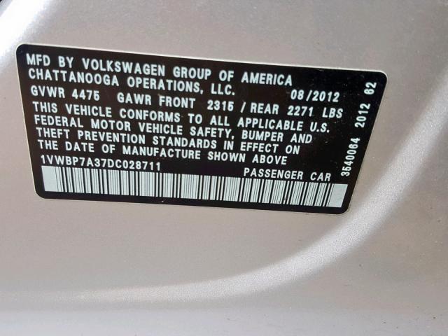 1VWBP7A37DC028711 - 2013 VOLKSWAGEN PASSAT SE SILVER photo 10