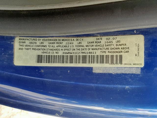 3VWRW31C27M514811 - 2007 VOLKSWAGEN NEW BEETLE Mavi foto 10