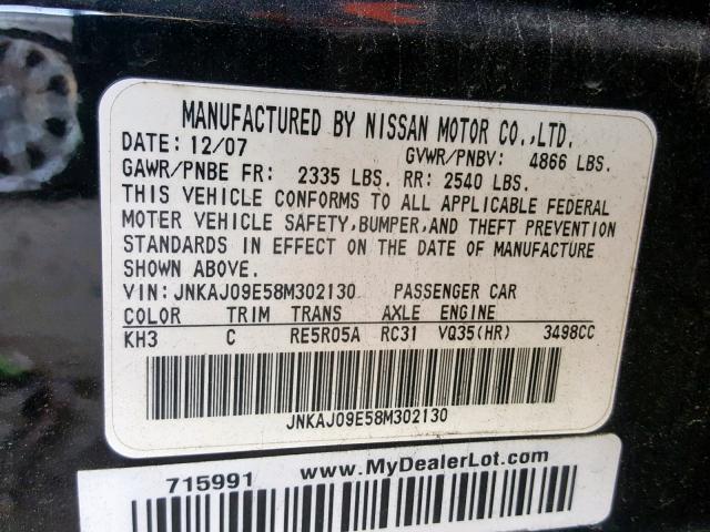 JNKAJ09E58M302130 - 2008 INFINITI EX35 BASE BLACK photo 10