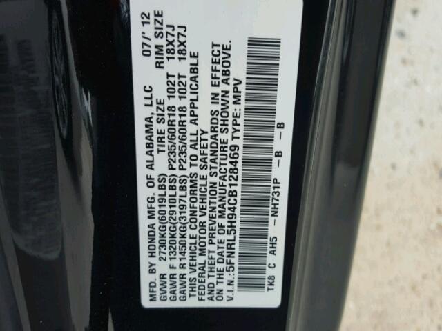 5FNRL5H94CB128469 - 2012 HONDA ODYSSEY TO BLACK photo 10