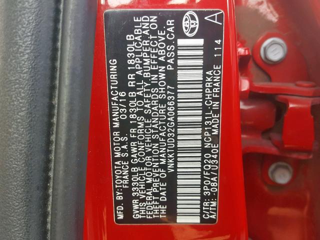 VNKKTUD32GA066377 - 2016 TOYOTA YARIS L RED photo 10