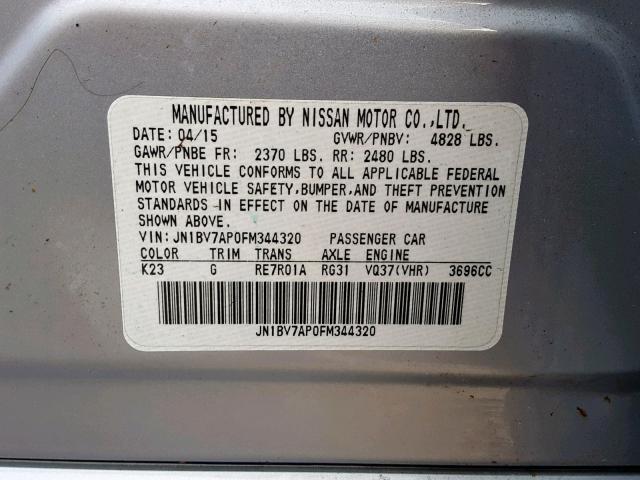 JN1BV7AP0FM344320 - 2015 INFINITI Q50 BASE SILVER photo 10