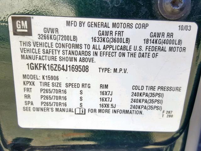 1GKFK16Z64J169508 - 2004 GMC YUKON XL K GREEN photo 10