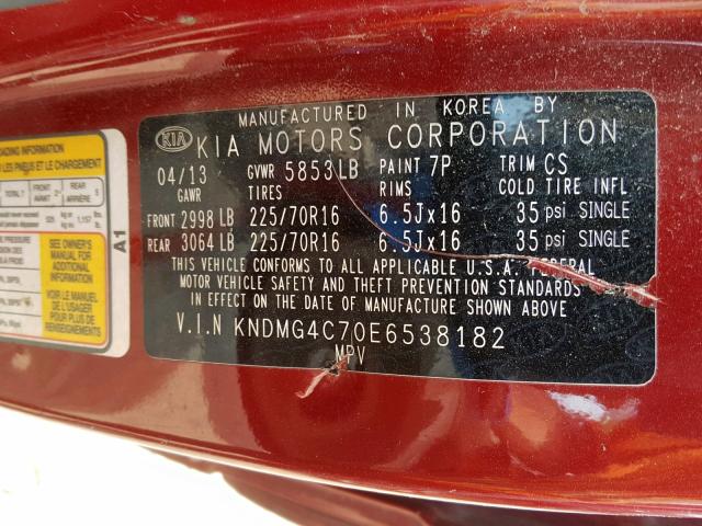 KNDMG4C70E6538182 - 2014 KIA SEDONA LX RED photo 10