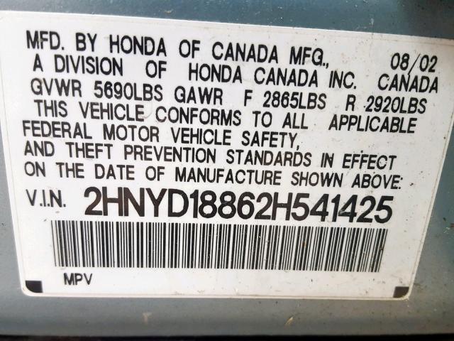 2HNYD18862H541425 - 2002 ACURA MDX TOURIN SILVER photo 10