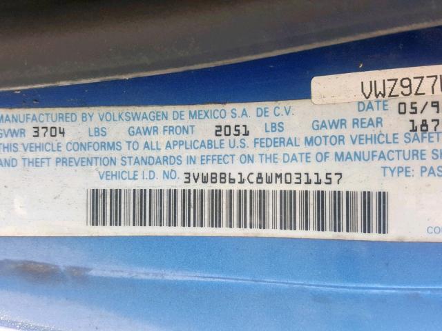 3VWBB61C8WM031157 - 1998 VOLKSWAGEN NEW BEETLE ლურჯი ფოტო 10