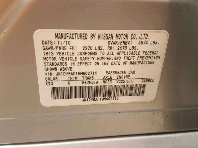 JN1DV6AP1BM602714 - 2011 INFINITI G25 BASE SILVER photo 10