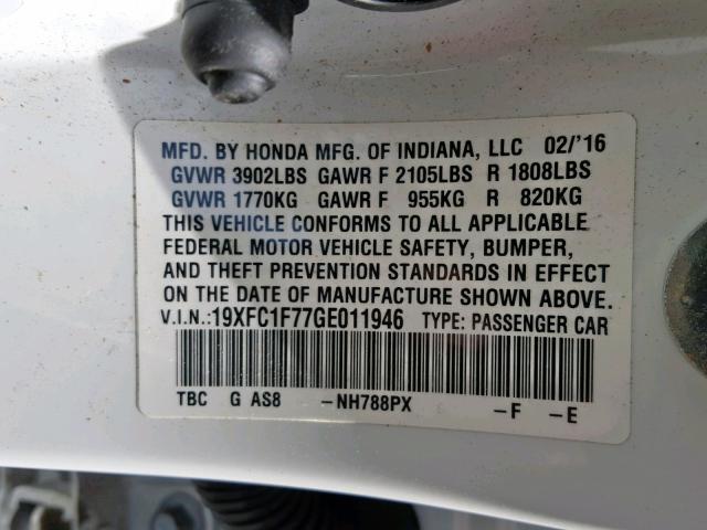 19XFC1F77GE011946 - 2016 HONDA CIVIC EXL 白色 照片 10