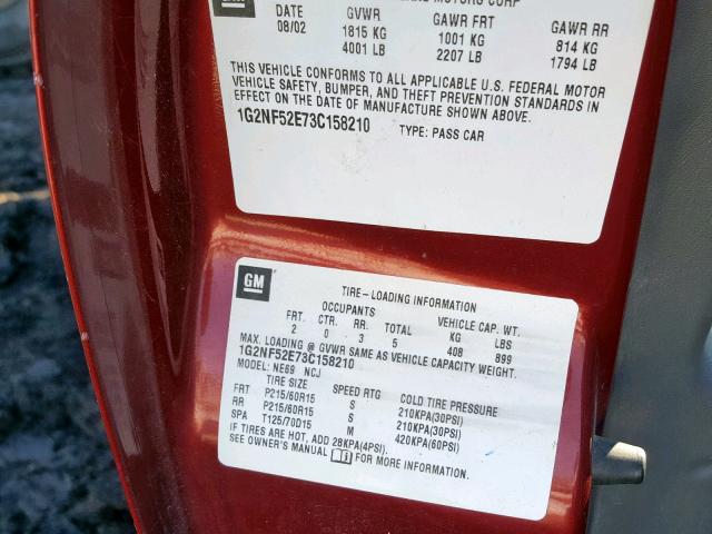 1G2NF52E73C158210 - 2003 PONTIAC GRAND AM S MAROON photo 10