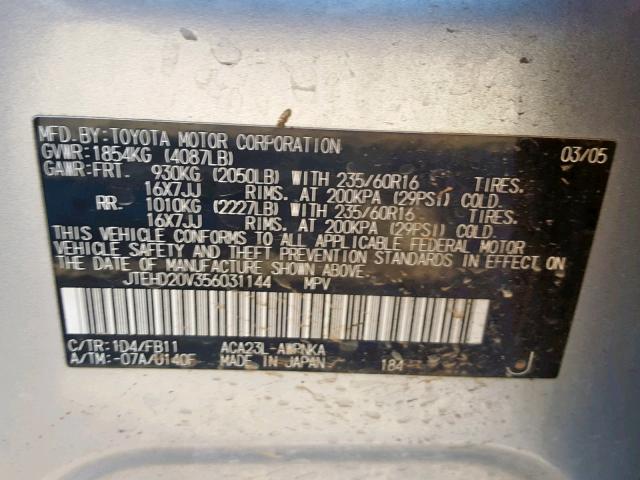 JTEHD20V356031144 - 2005 TOYOTA RAV4 GRAY photo 10