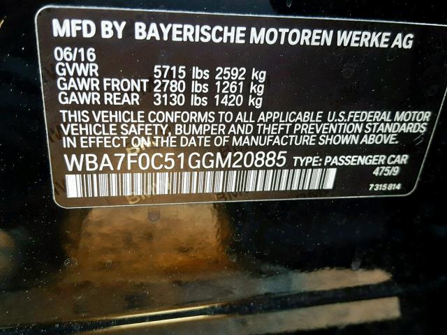 WBA7F0C51GGM20885 - 2016 BMW 750 I BLACK photo 10