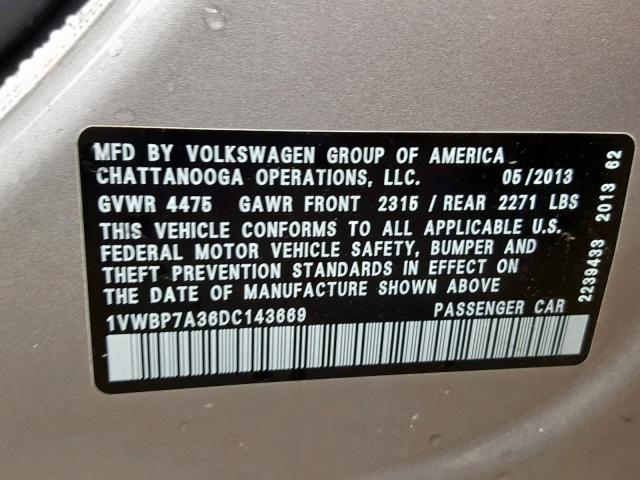 1VWBP7A36DC143669 - 2013 VOLKSWAGEN PASSAT SE SILVER photo 10