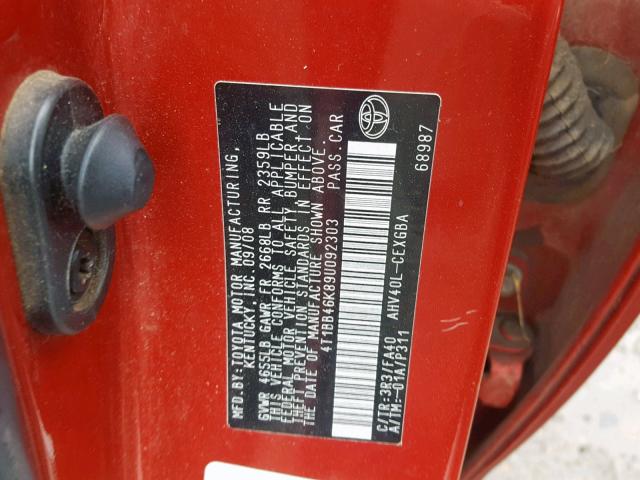 4T1BB46K89U092303 - 2009 TOYOTA CAMRY HYBR RED photo 10