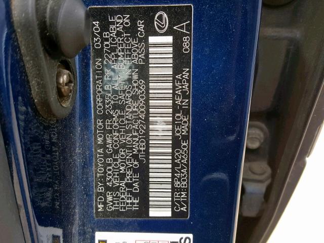 JTHBD192740090369 - 2004 LEXUS IS 300 BLUE photo 10