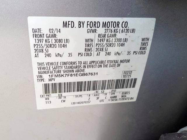 1FM5K7F81EGB67631 - 2014 FORD EXPLORER LIMITED  photo 10