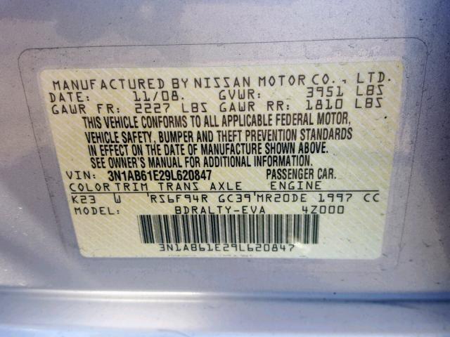 3N1AB61E29L620847 - 2009 NISSAN SENTRA 2.0 SILVER photo 10