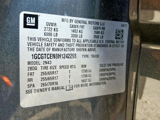 1GCGTCEN8H1242293 - 2017 CHEVROLET COLORADO L GRAY photo 10