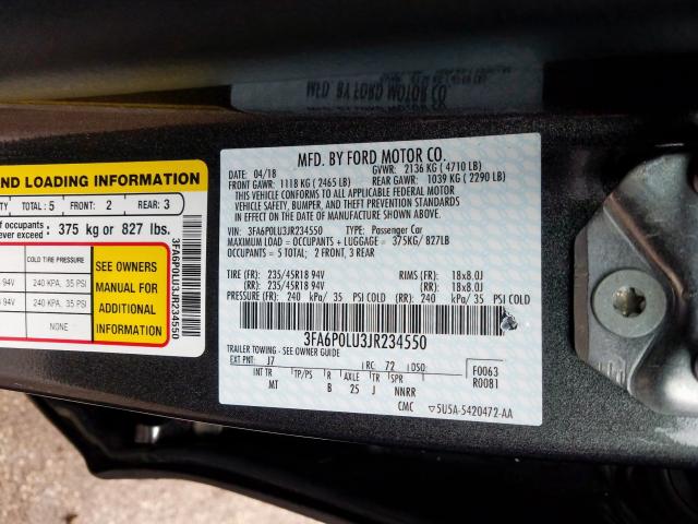 3FA6P0LU3JR234550 - 2018 FORD FUSION SE HYBRID  photo 10