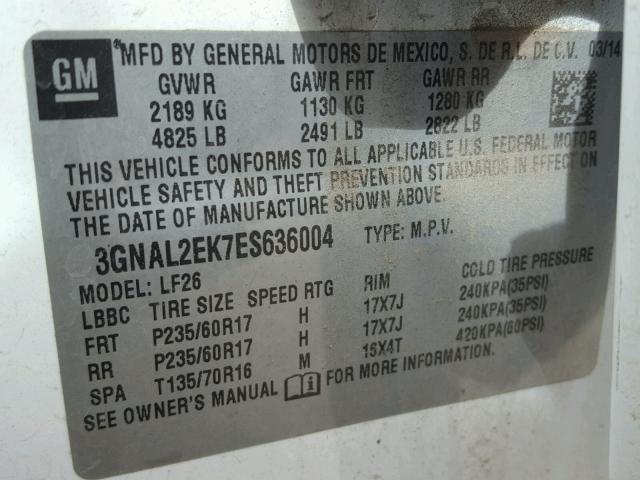 3GNAL2EK7ES636004 - 2014 CHEVROLET CAPTIVA LS 白色 照片 10