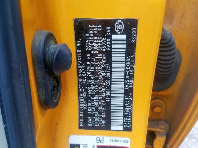 4T1BD1FK5DU081227 - 2013 TOYOTA CAMRY HYBR YELLOW photo 10