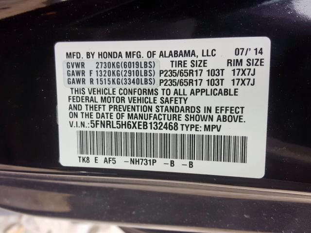 5FNRL5H6XEB132468 - 2014 HONDA ODYSSEY EXL  photo 10