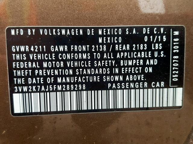 3VW2K7AJ5FM289298 - 2015 VOLKSWAGEN JETTA BASE BROWN photo 10