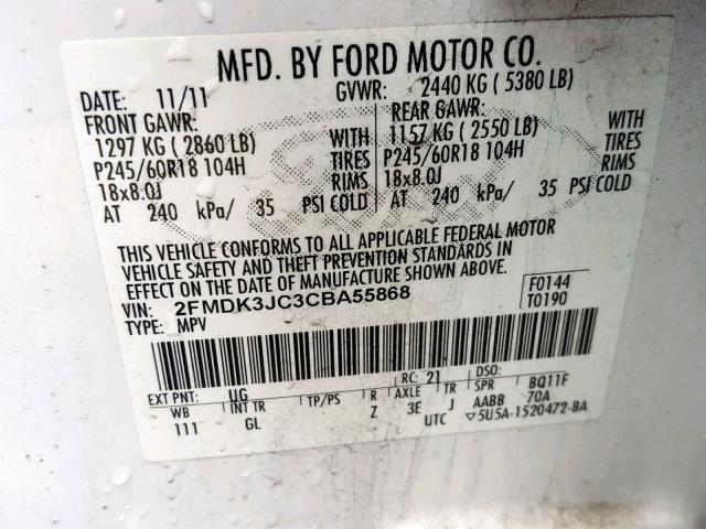 2FMDK3JC3CBA55868 - 2012 FORD EDGE SEL WHITE photo 10