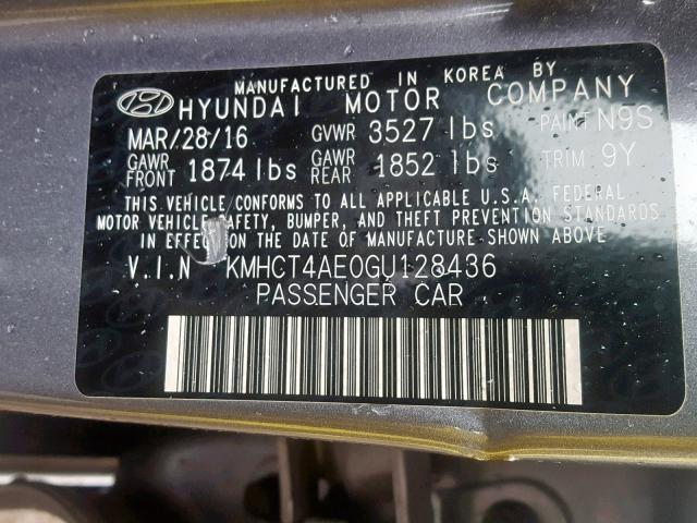 KMHCT4AE0GU128436 - 2016 HYUNDAI ACCENT SE GRAY photo 10