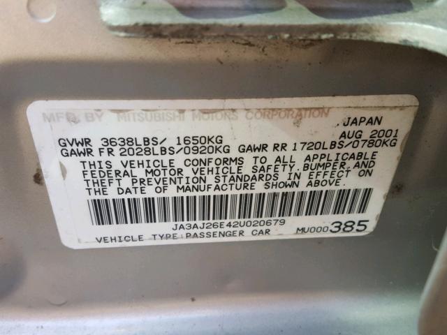 JA3AJ26E42U020679 - 2002 MITSUBISHI LANCER ES GRAY photo 10