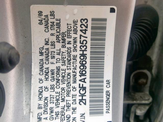 2HGFA16969H357423 - 2009 HONDA CIVIC EXL SILVER photo 10