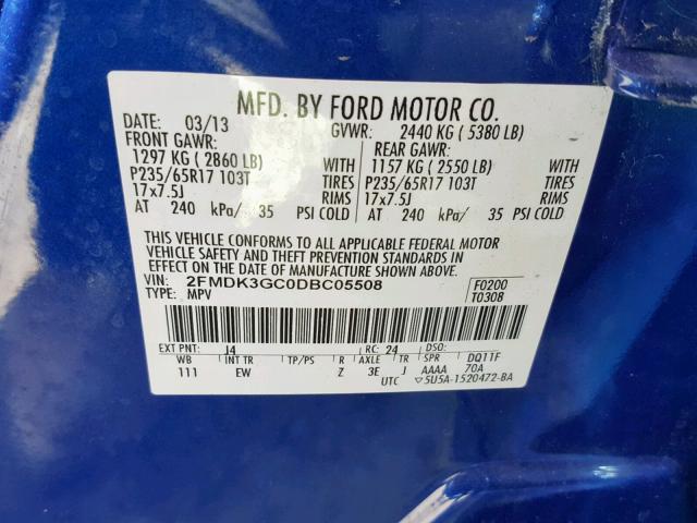 2FMDK3GC0DBC05508 - 2013 FORD EDGE SE BLUE photo 10