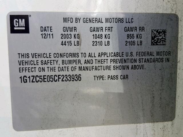 1G1ZC5E05CF233936 - 2012 CHEVROLET MALIBU 1LT 白色 照片 10