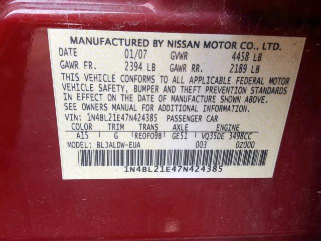 1N4BL21E47N424385 - 2007 NISSAN ALTIMA 3.5 RED photo 10