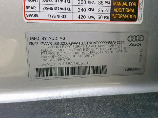 WAUHF78P58A195639 - 2008 AUDI A3 2.0 SILVER photo 10