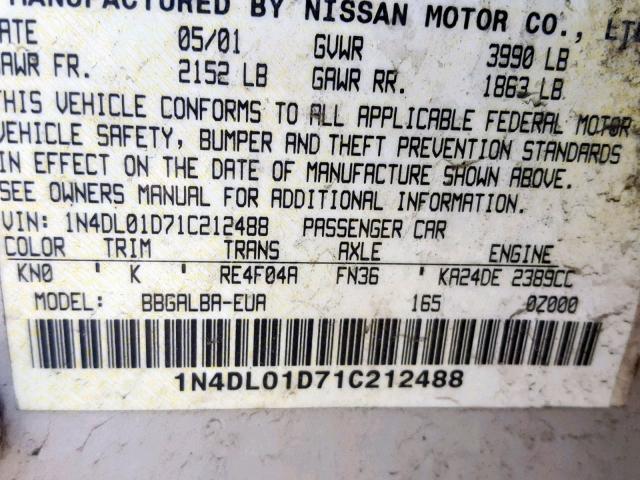 1N4DL01D71C212488 - 2001 NISSAN ALTIMA XE SILVER photo 10