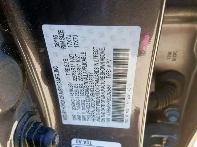 5J6RM3H72GL023457 - 2016 HONDA CR-V EXL GRAY photo 10