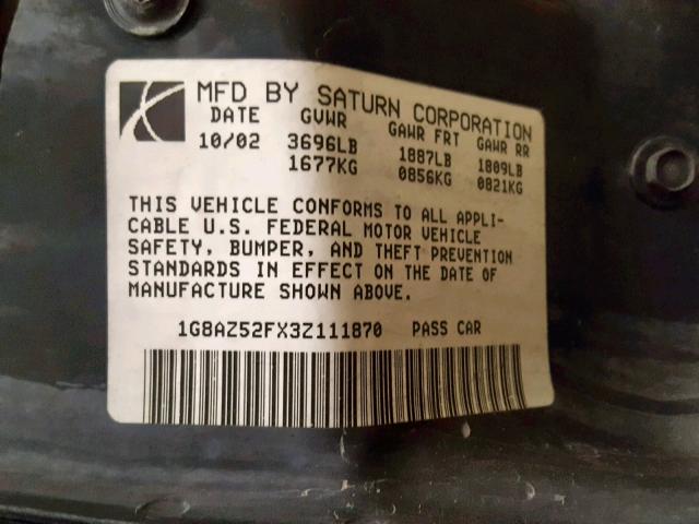 1G8AZ52FX3Z111870 - 2003 SATURN ION LEVEL BLACK photo 10